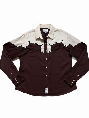 VTG Panhandle Slim Western Button Up Shirt L Brown Cream Cowgirl Frstival